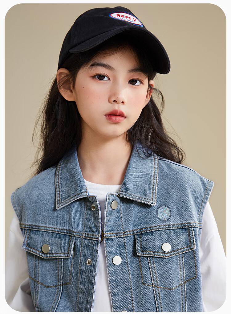 QQ DUCK Children's Denim Vest Girls' Sleeveless Jacket Youth Clothing Classic Vest Navy Blue; 165 23