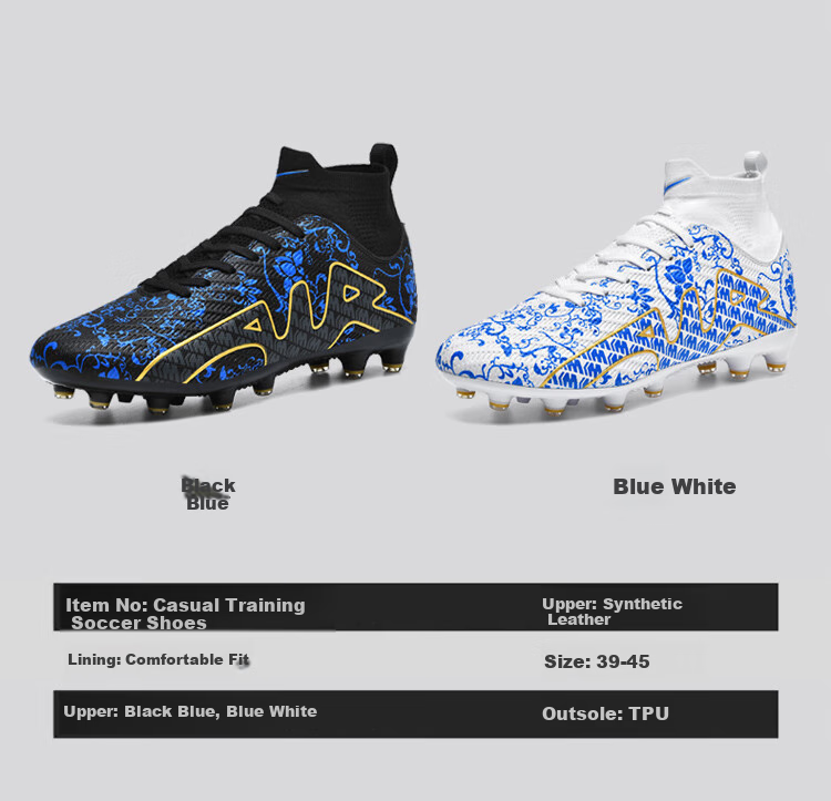 Double Star Bate Men's FG Soccer Shoes High-Top Training Shoes Professional Artificial Grass Adult Match Black Blue Size 44 5