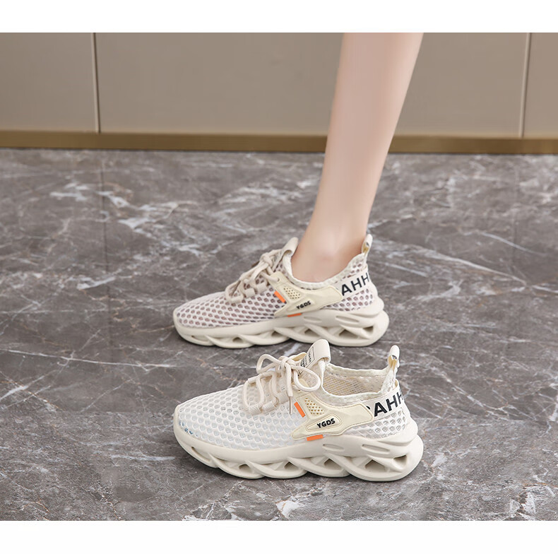 CARTELO Women's Shoes, Flyknit Dad Shoes, Summer Breathable Hollow Large Mesh Casual Shoes for Women, 1582 Beige, Size 38 9