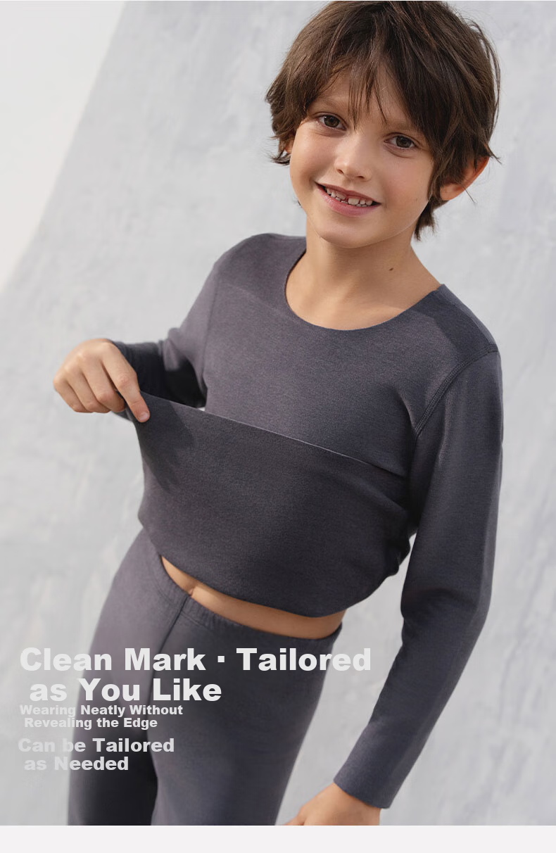 Aimer Kids Thick Warm Boys' Thermal Underwear Set with Round Neck, Cuttable, Autumn Thermal Top And Pants, Charcoal Black, Size 170 5