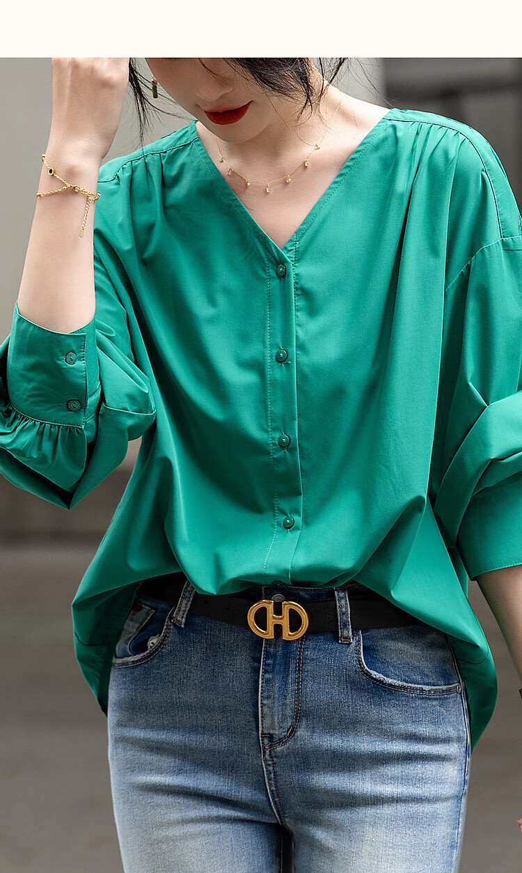 Dme [Dopamine Color Palette] Spring And Autumn French Relaxed V-Neck Shirt, Elastic Comfortable Slimming Blouse, Women's Top 10