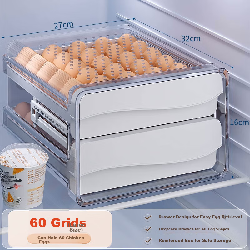 Jiabangshou Egg Storage Box, Drawer-Style Divided Anti-Drop Fresh-Keeping Box, Food-Grade Specialized Egg Tray, Double-Layer 60 Compartments