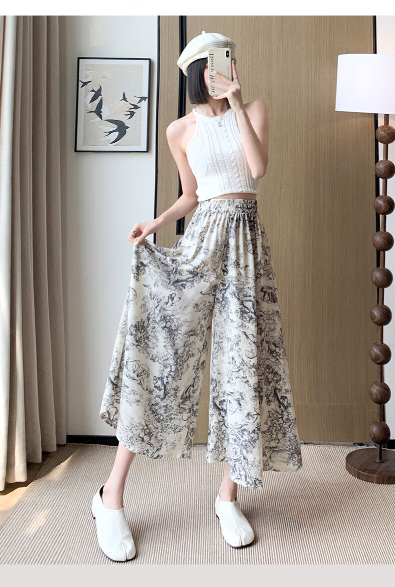 Langsha New Chinese Style Chiffon Skirt Pants for Women, Summer Lightweight New High-Waist Ink Painting Chinese Style Wide-Leg Trousers 22