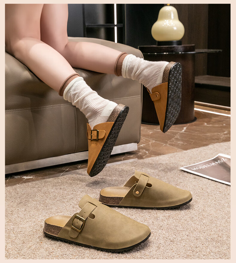 Taxiang Baotou Birkenstock-Style Women's Faux Leather Slip-On Mules, Versatile Outdoor Wear, TQ671, Apricot Color, Size 36/37 18