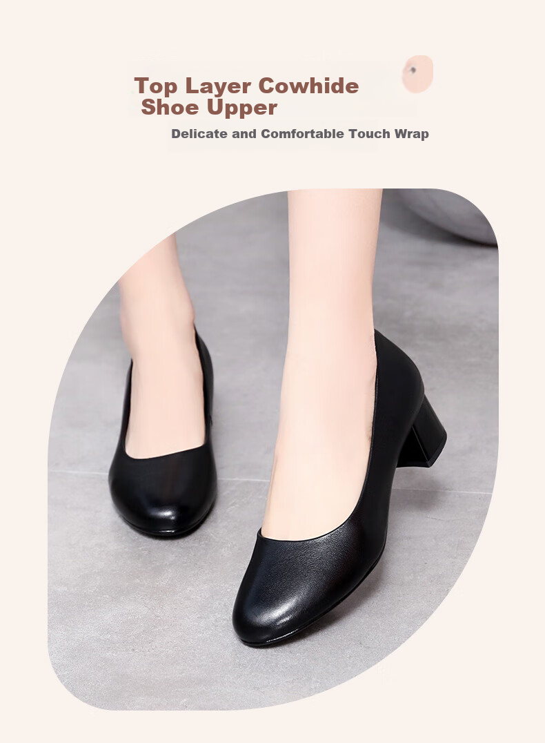 Qiangren Women's High Heels, 4CM Thick Heel, Commuter Leather Shoes, Comfortable Elegant Pointed Toe Women's Shoes, JDA170013, Black, Size 40 2