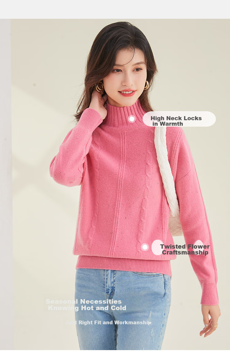 Jinju Thickened 100% Wool Autumn And Winter New High-Neck Drop-Shoulder Cable Knit Sweater Pure Wool Pullover for Women, Camel Color One Size Fits All 2