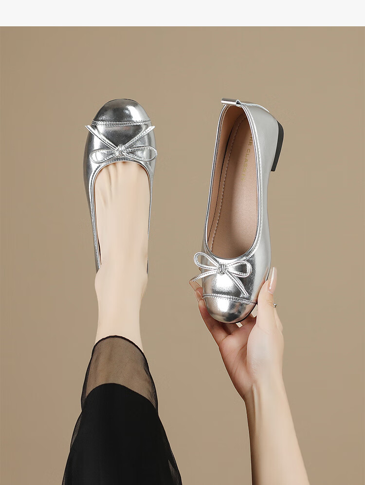 ZHR Silver Women's Ballet Flats with Bow, Soft Flat Sole Slip-On Loafers AH606 Silver 35 9