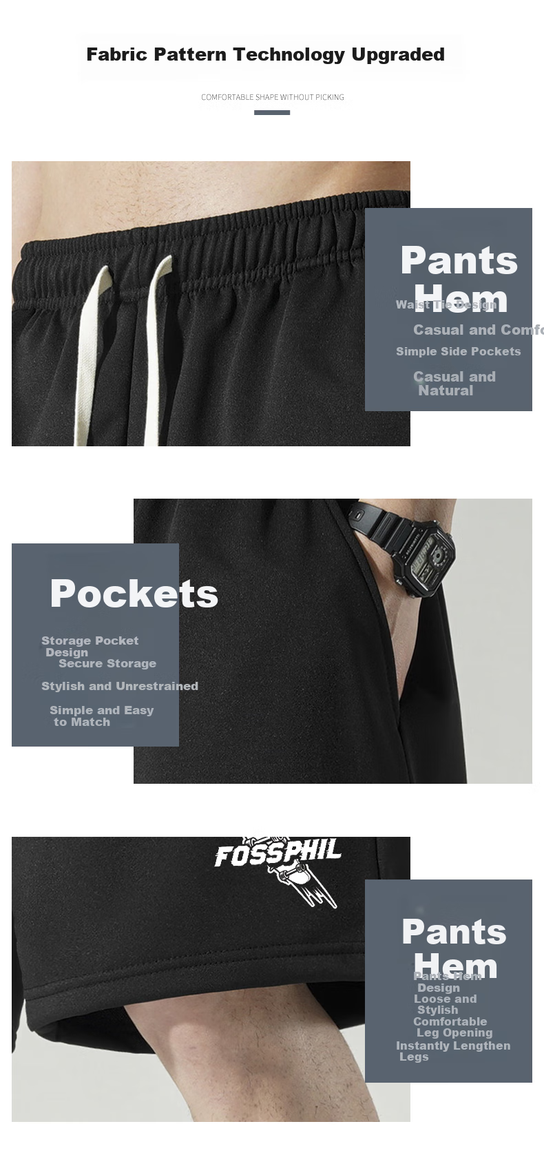 Foss Phil Men's Shorts, Summer Loose Casual Trendy Thin Beach Shorts, Sports Pants, Men's Trousers FPD01 Black 3XL 5