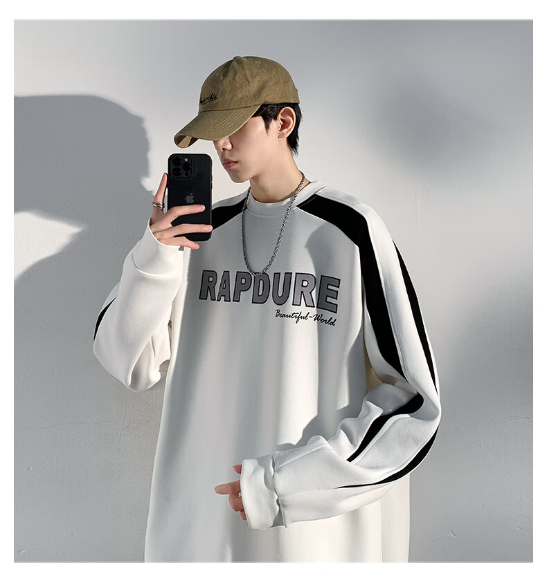 Dingfengbaoluo American-Style Sweatshirt for Men, Spring Vintage Long-Sleeve T-Shirt, Trendy Color-Block Patchwork, Loose Round Neck, DFL02 Black M 11