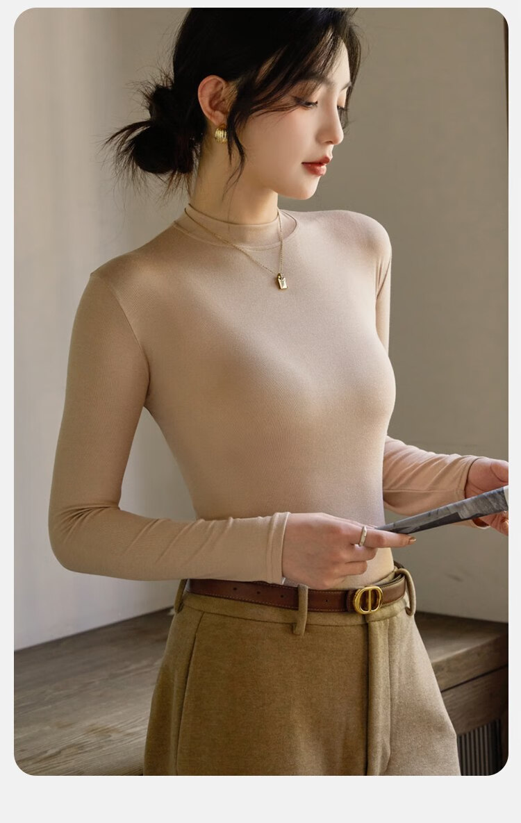 LangSha Warm Top, Black Semi-Turtleneck Base Layer for Women, Spring And Summer Inner Wear, Antibacterial And Anti-Mite Long-Sleeve Mid-Collar Winter Thin T-Shirt 17
