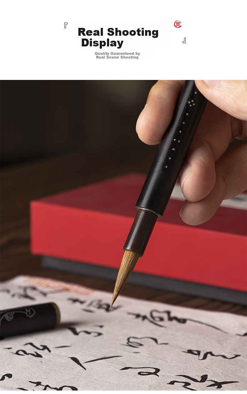 Rongbaozhai Calligraphy Brush Set, Shanjiao Lake Master Handmade Gray Mouse Hair Traditional Wooden Handle Four Treasures of The Study for Calligraphy, Specialized for Running Script, Clerical Script And Regular Script, High-End Premium Gift Box, First-Class Gray Tail 7
