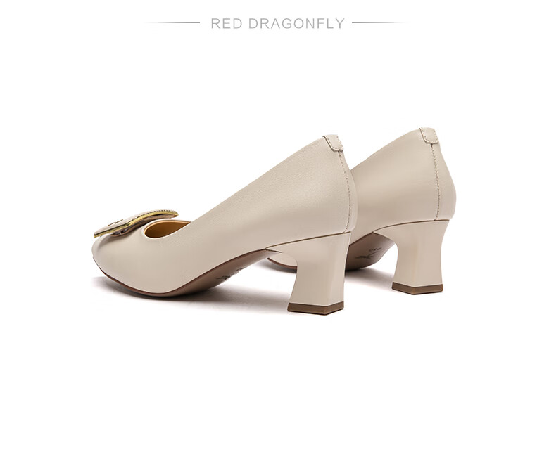 RED DRAGONFLY Chunky Heel Women's Pumps, Spring Cowhide Pointed Toe High Heels, Professional Leather Shoes WLB15315 Beige 39 6