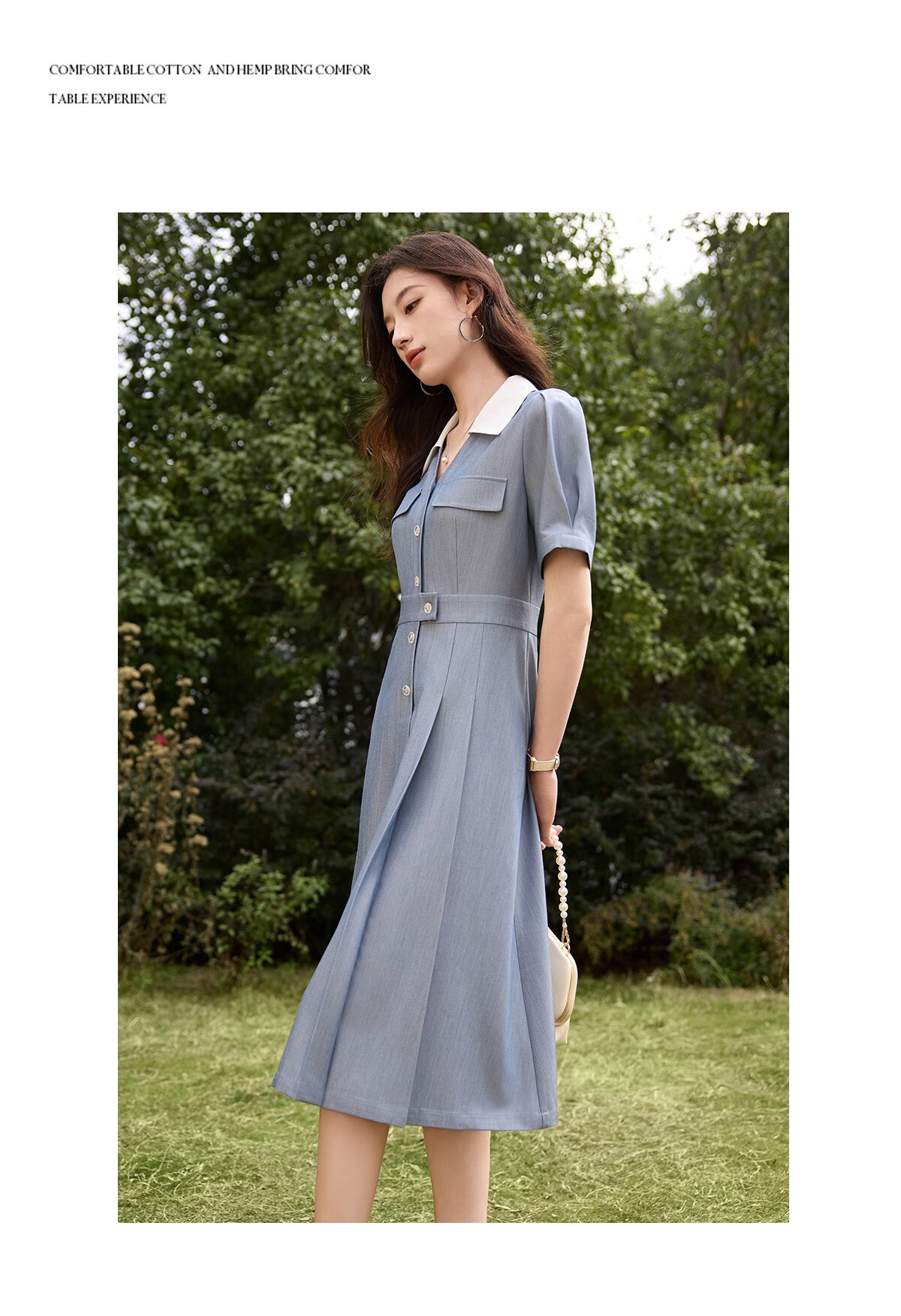Chushen Summer Short-Sleeve Dress for Women, Retro Color-Block Lapel, Waist-Cinching Slimming, Commuter Casual Dress S52Q036 20