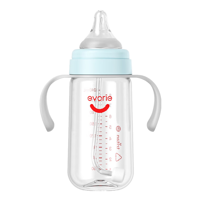 Evorie Baby Bottle Set, Wide Neck Bottle for Babies over 6 Months Old, One Bottle with Three Functions, 240ml, Blue