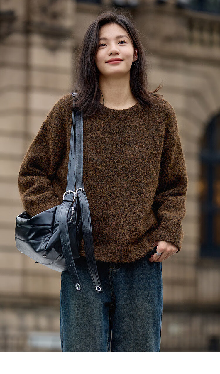 Dme Wilderness Forest Sweater Winter Style Knitted Top Retro Brightening Lazy Round Neck Sweater for Women, Dark Coffee Color, M 11