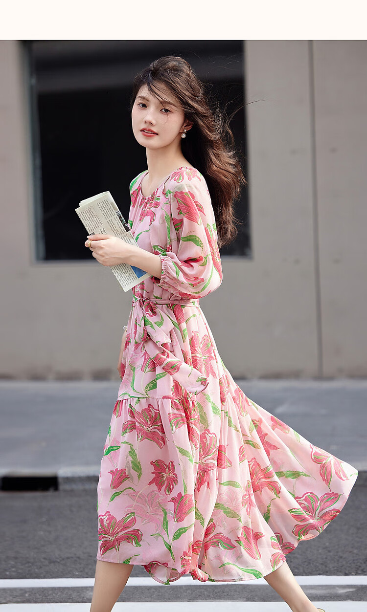 Dme [Go to The Beach for Vacation], Summer French-Style Lantern Sleeve, Large Print Tie, Chiffon Midi Dress for Wome 11
