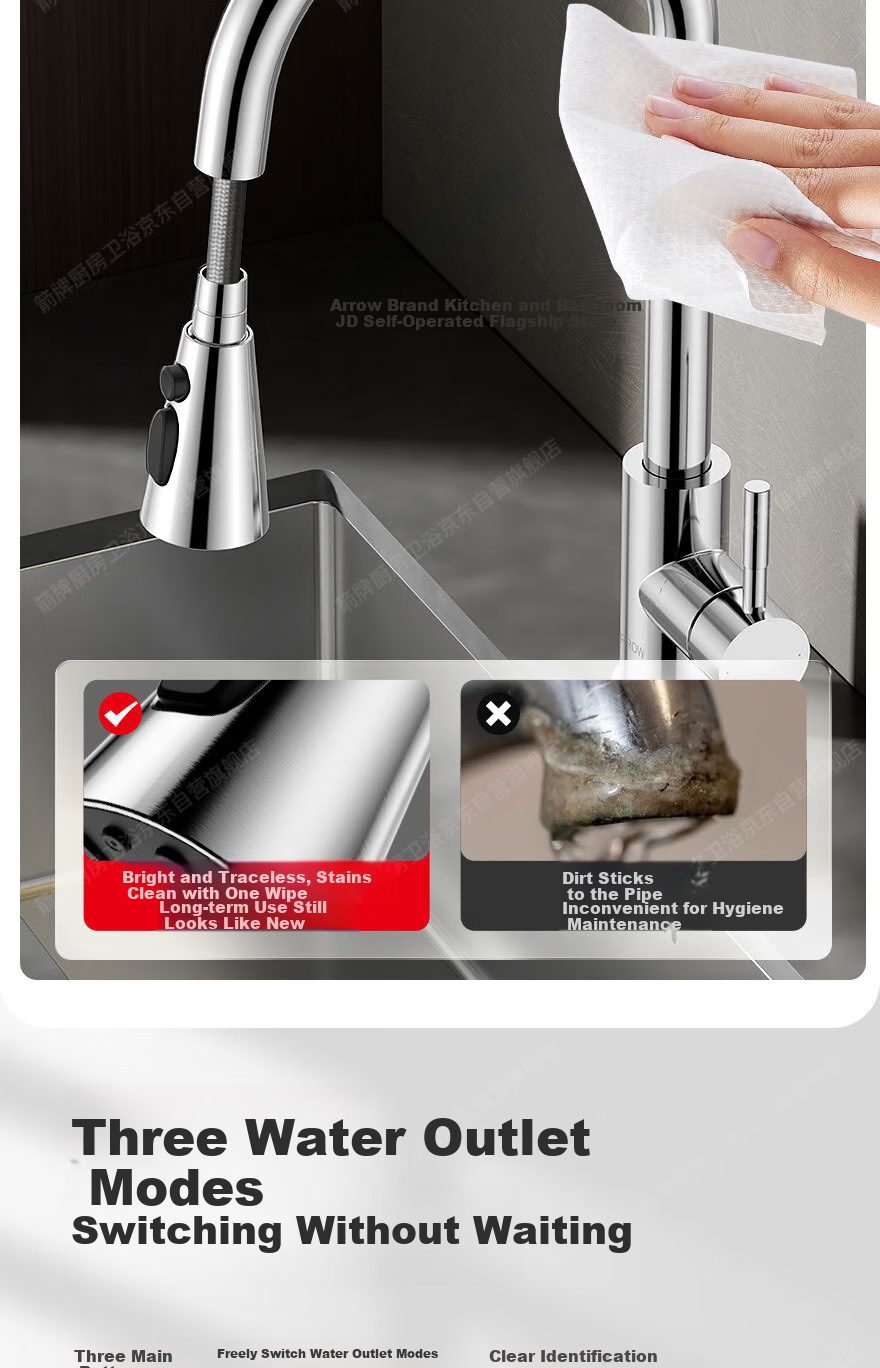 ARROW Kitchen Faucet 3-Function Pull-Out 304 Stainless Steel 360° Swivel Gunmetal Gray 6