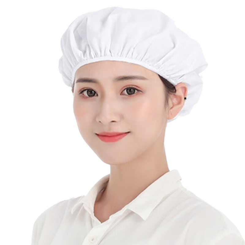 Pinzhide PTH020 Women's Work Cap, Dust-Proof Breathable Hooded Elastic Hygienic Kitchen Chef Hat for Factory Workshop, Washable Cotton, White, 2-Pack