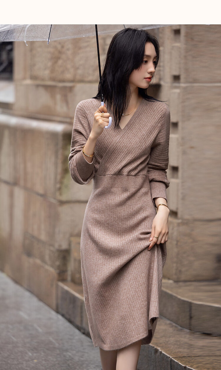 Dme [Lainviliyue] Spring And Autumn Cloud-Soft Elegant V-Neck Cross-Waist A-Line Bodycon Women's Dress 15