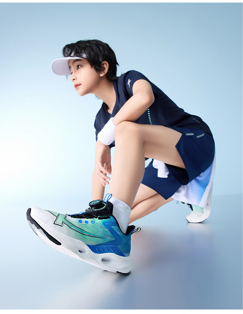 XTEP Kids Boys Mesh Breathable Lightweight Non-slip Rotating Buckle Running Shoes White/Black/Tranquil Blue Size 40 34