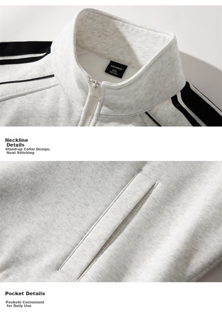 GOLFCROSS Trendy Couple's Style, Preppy Striped Contrasting Color Stand-Up Collar Loose Cardigan Sweatshirt Jacket, White, XL 20