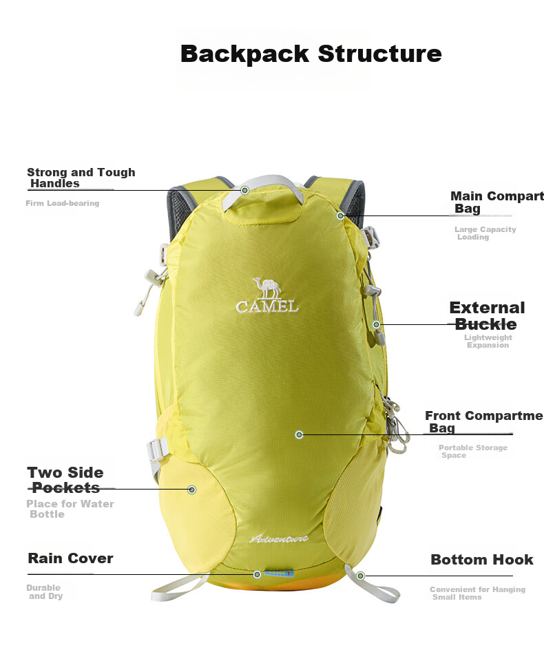 CAMEL Dawn Outdoor Lightweight Hiking Backpack, Sports Camping Leisure Travel Mountaineering Pack, Lemon Yellow 10