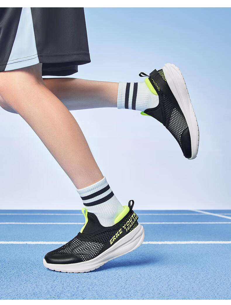 ERKE Children's Shoes, Boys And Girls Casual Sneakers for Kids, Slip-On Breathable Sports Shoes, Black/fluorescent Glossy Green, Size 36 23