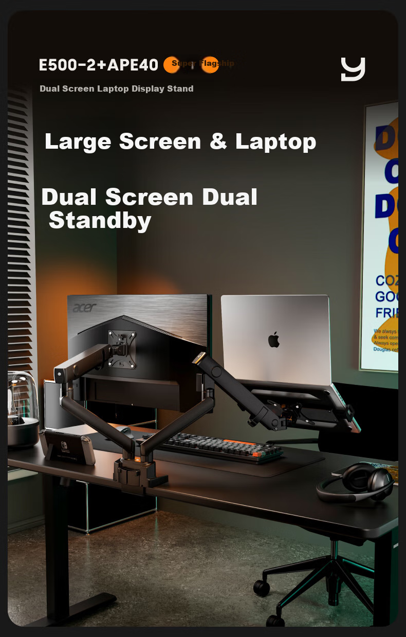 Brateck Beihu Laptop Stand, Monitor Stand Dual Screen, Computer Screen Multi-Screen Extension, Monitor Mechanical Arm One-To Computer Stand E500-2+APE40 1