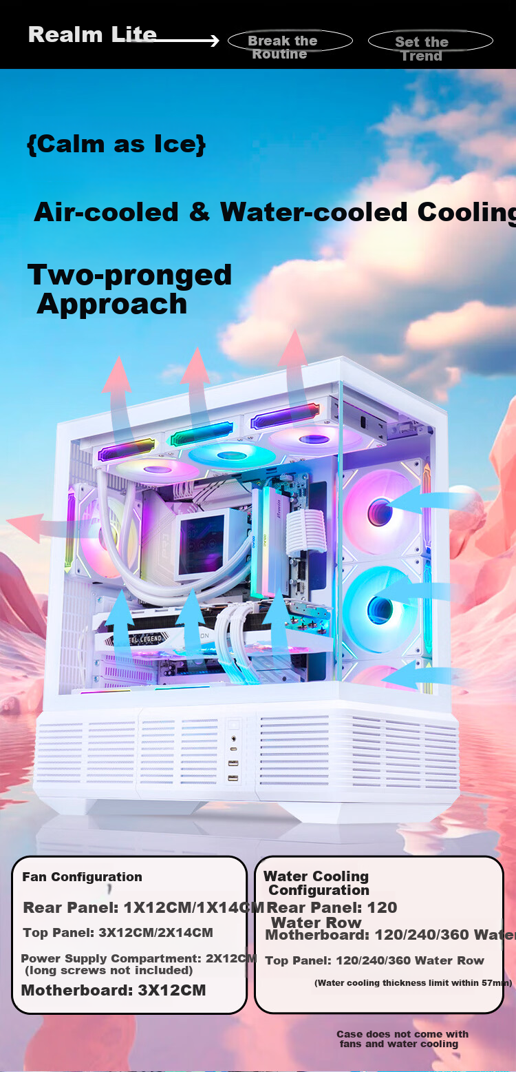 SAMA Jingjie Lite White ATX Seaside View Gaming Desktop Computer Case, Modular Structure/sound-Controlled Case/Back-Mounted Motherboard/dual 360mm Water Cooling Positions/Type-C 12