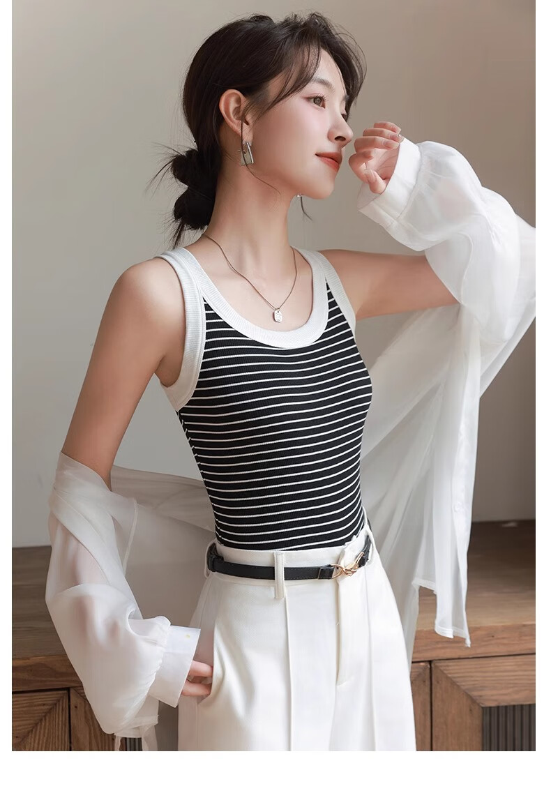LangSha Women's Summer Thin Striped Camisole Tank Top, Elastic Slim-Fit Breathable Sleeveless Undershirt, Suitable for Layering Or Wearing As Outerwear 19