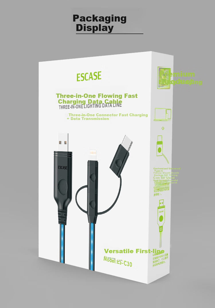 ESCASE Three-In Charger Cable for Apple Phones, Compatible with IPad 12.9-Inch Type-C, Android, Huawei, Multifunctional Flowing Light C28 Blue 9