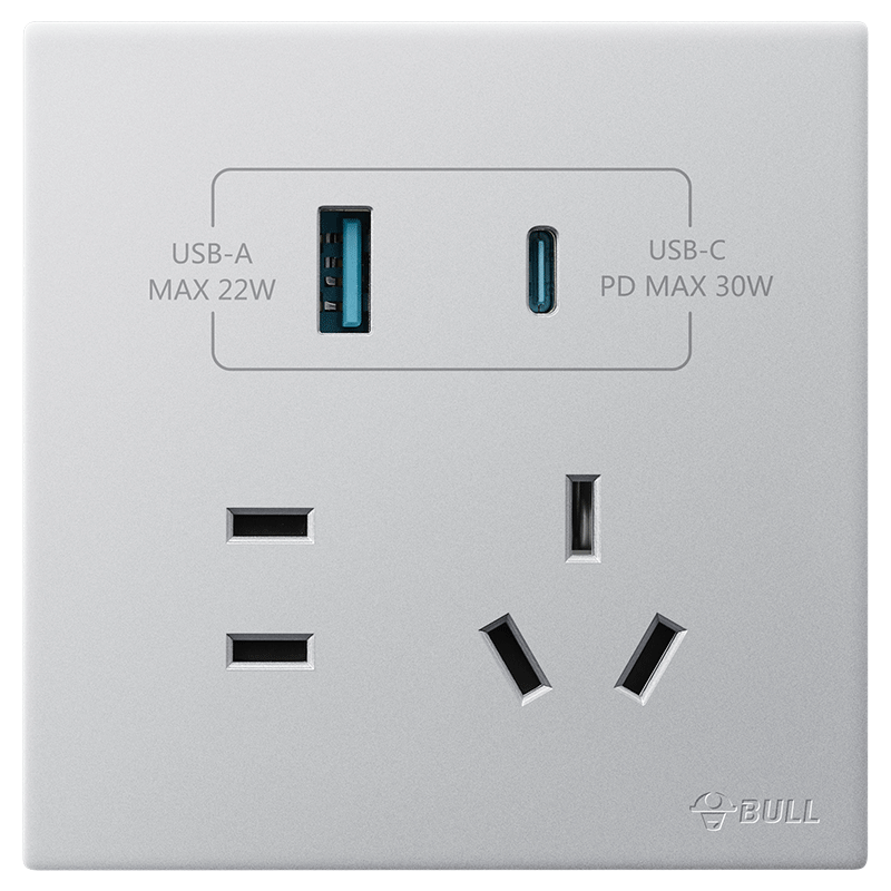 BULL G60 Five-Hole Socket with USB Type-C 30W Fast Charging Ultra-Thin Panel G60E537 Space Silver