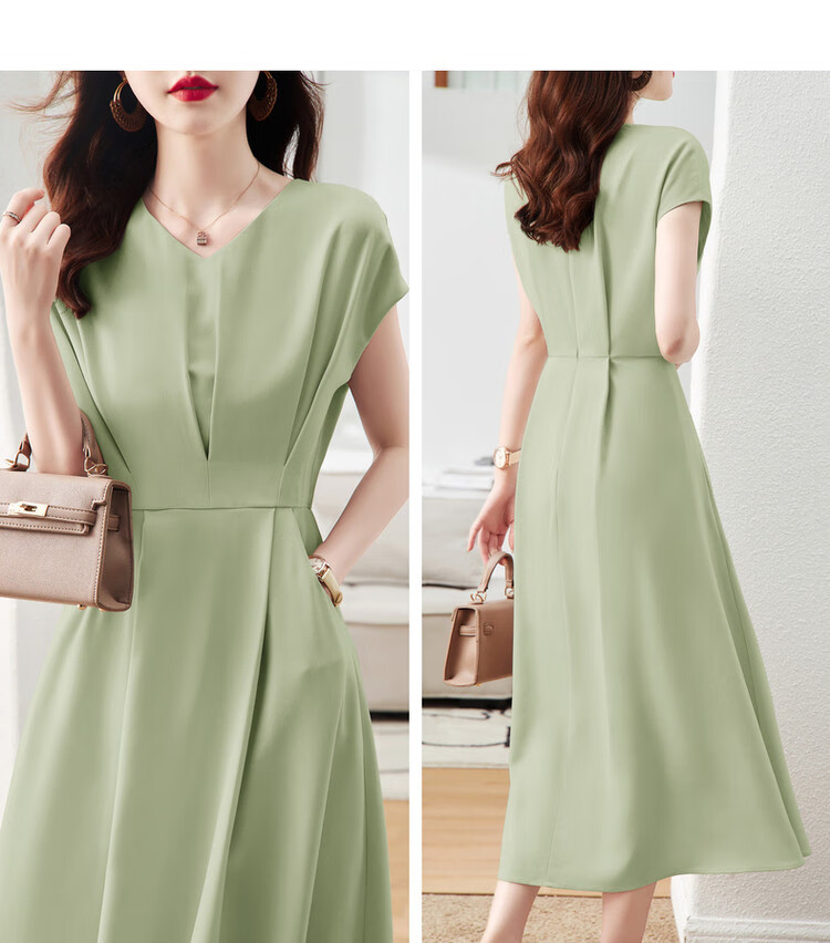 DME A-Line Skirt Summer Commuter V-Neck Short Sleeve Simple Mid-Length Dress for Women 13