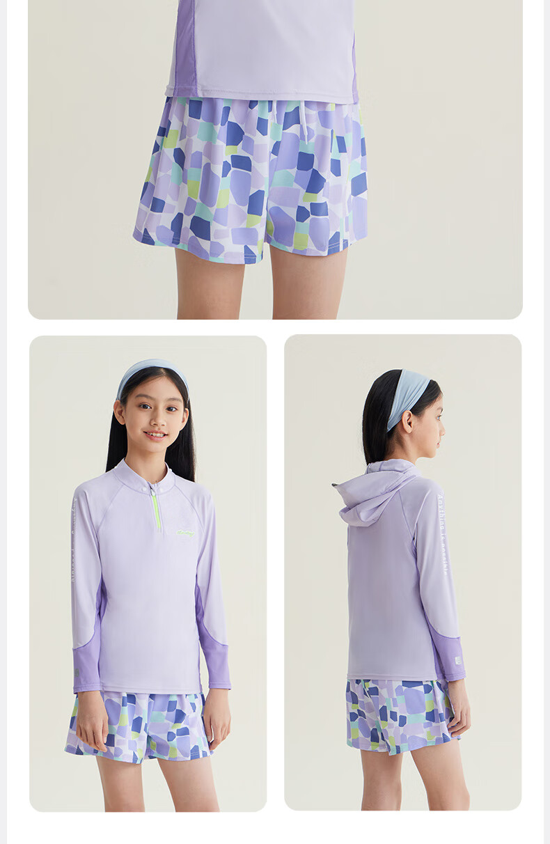 Li-Ning Children's Swimwear, Girls' Long-Sleeve Sun Protection Two-Piece Surfing Suit, Printed Swim Trunks, Hot Spring Swimming Gear, 0292 Purple, Size 160 4