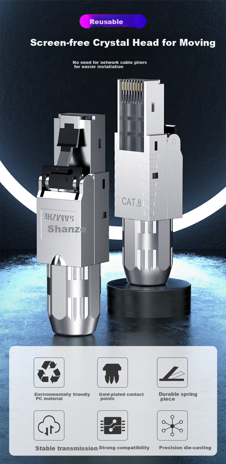 SAMZHE CAT8 Shielded Tool-Free Crystal Head, Engineering-Grade CAT8 10Gbps Tool-Free RJ45 Network Cable Connector, No-Tool CAT5e Ethernet Cable Connector, Single Pack MDC82 1