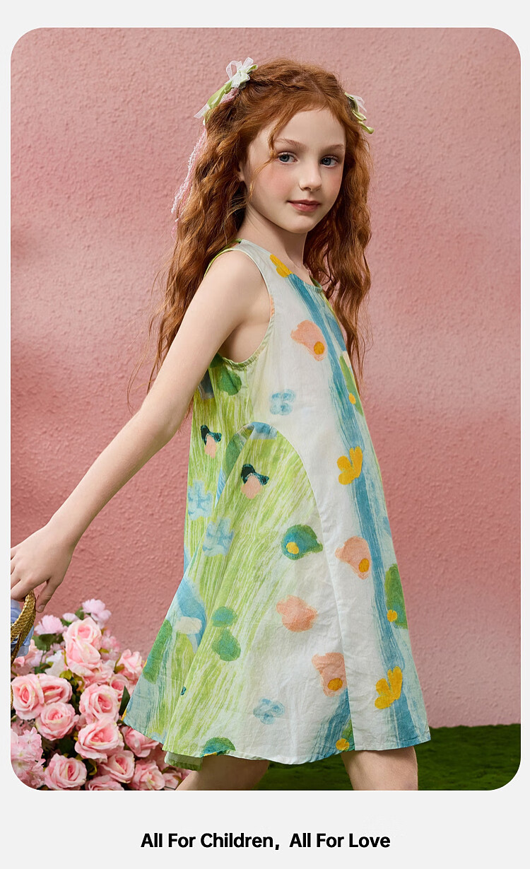ASK JUNIOR Kids Dress Girls 2026 Summer Sleeveless Vest Dress Beach Vacation Style Princess Dress Green 130 10