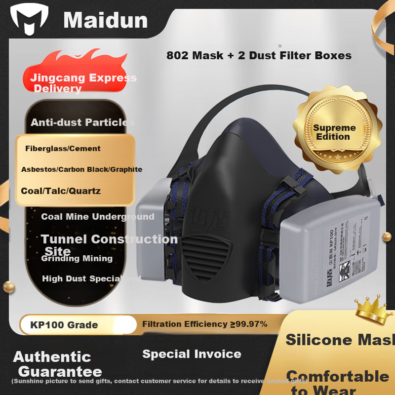 MAIDUN Dust Mask KP100, Coal Mine Underground Specialized Dust-Proof Mask, Grinding Dust Mask, 802C Set