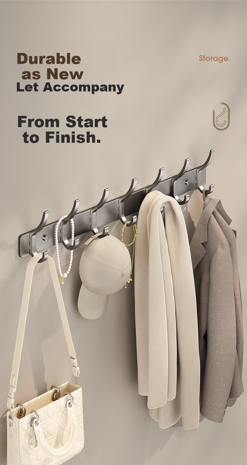 Shuranjia Coat Hooks, No Drilling Required Clothes Hanger, Door-Back Hooks, Traceless Garment Rack, Space Aluminum 6 Hooks, Gunmetal Gray 6