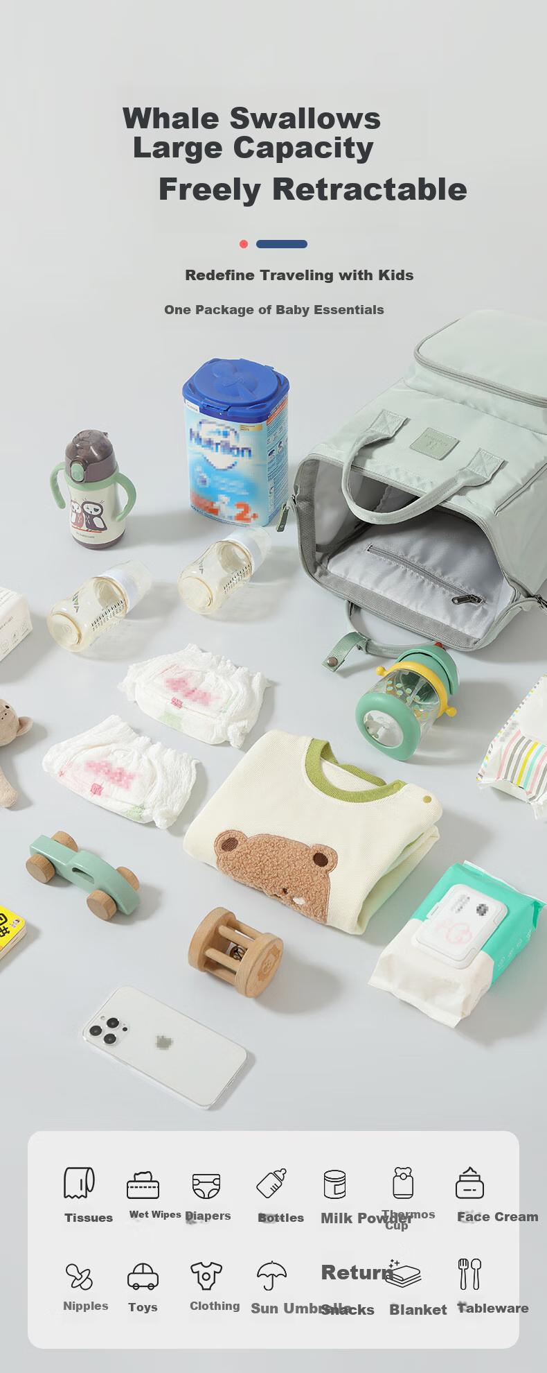Baby Friend Mommy Bag, Large Capacity Backpack with Waterproof Dry And Wet Separation, Baby Backpack, Fresh Gree 3