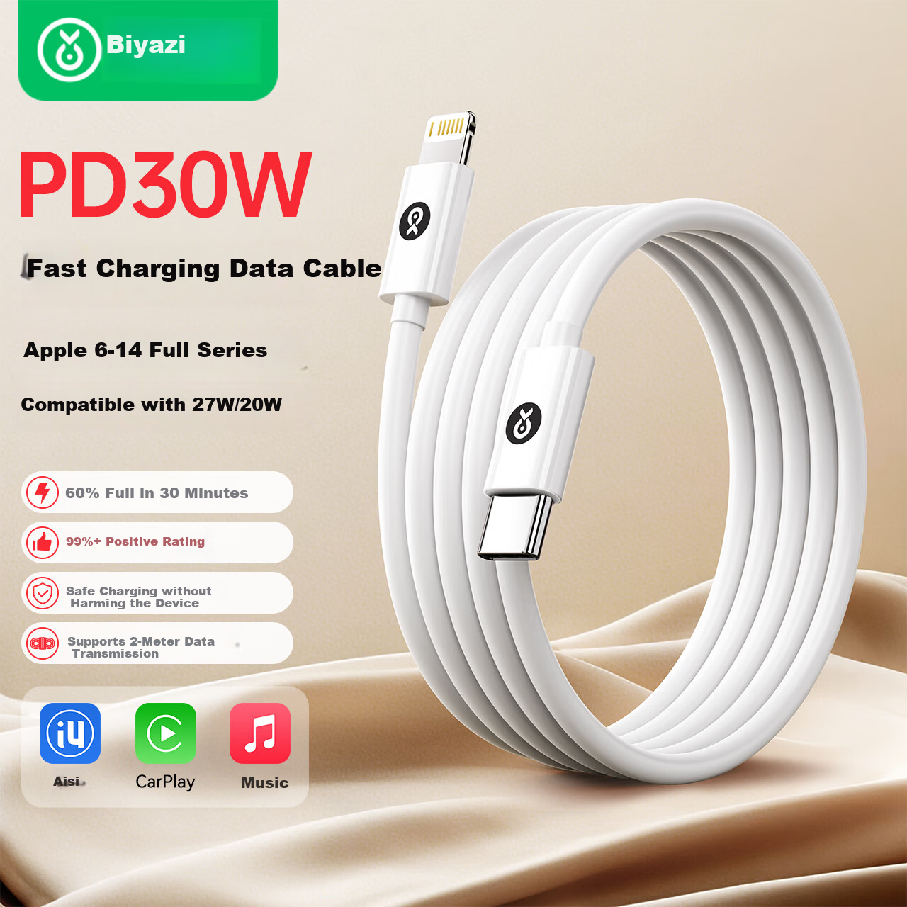 BIAZE Apple Charging Cable, Type-C Fast Charging Cord, Lightning Data Cable for IPhone14ProMax/13/12/11/Xr Phones, IPadAir Tablets, Car Charger, 2 Meters