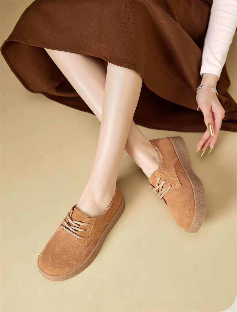 Yierkang Women's Shoes, Retro Work Boots, Japanese-Style Leather Shoes, Yadan Thick-Soled Casual Flats, 27169W, Khaki, Size 39 1