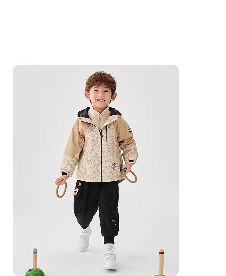 BALABALA Children's Outerwear Boys' Spring And Autumn Hooded Two-Piece Set with Auspicious Cloud Print Outdoor Jacket Trendy 16