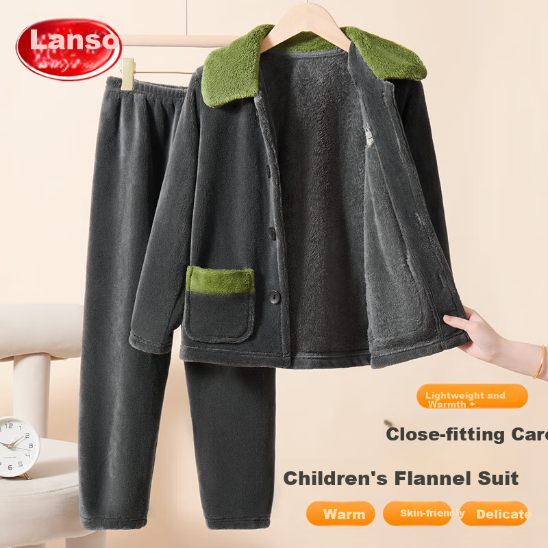 LangSha Children's Pajamas, Boys' Autumn And Winter Thickened Sleepwear, for Older Kids And Teenagers, Baby Flannel Lapel Loungewear, Warm Set