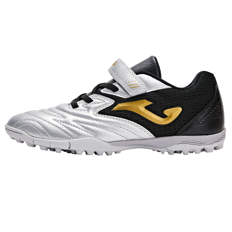 JOMA Velcro Children's Soccer Shoes, TF Turf Studs, Youth Elementary School Professional Competition Football Training Shoes, Silver-Black, Size 32