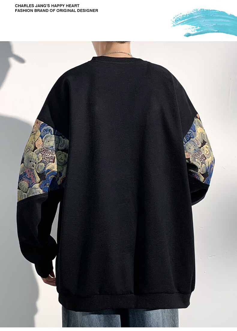 Charles Peach Heart Round Neck Sweatshirt Men Spring Autumn New Bear Embroidery Trendy Patchwork Couple Long Sleeve Shirt Gray 4XL 7