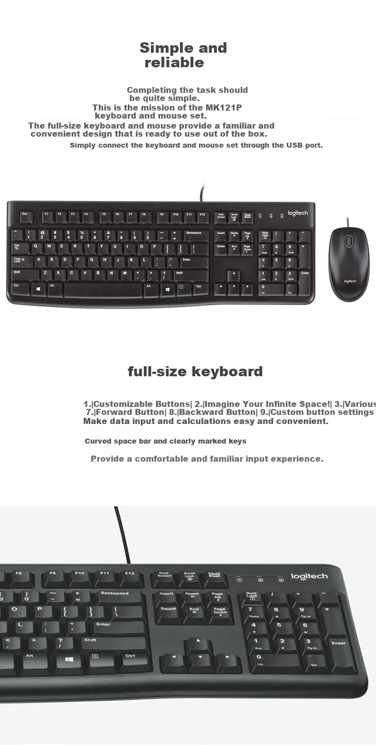 Logitech MK121P (Same As MK120 Appearance), Wired Keyboard And Mouse Combo, 108-Key Full-Size Keyboard And Mouse Set, for Business Office Computer, Black 1