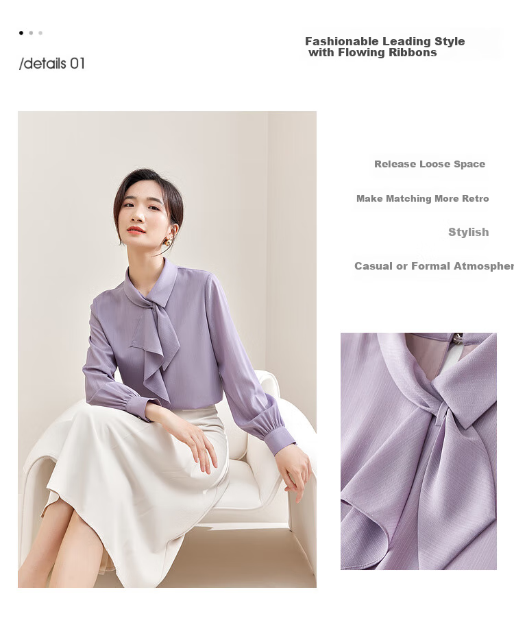 Sentubila Elegant Ribbon Blouse for Women, Spring Women's Wear, Light And Fashionable Long-Sleeve Chiffon Blouse, Versatile Commuter Top 3
