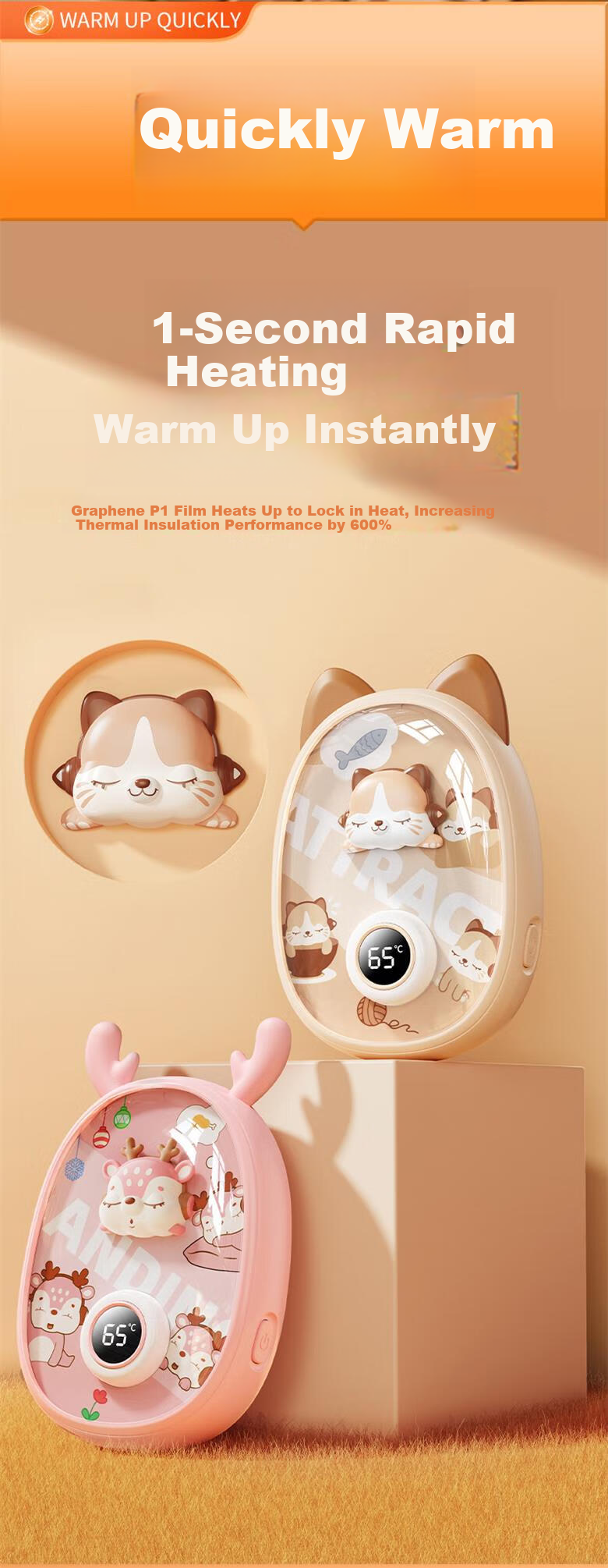 Kelleia 2024 New Hand Warmer USB Rechargeable Space Capsule Cute Cartoon Heating Pad Winter Gift for Girlfriend Beige 10