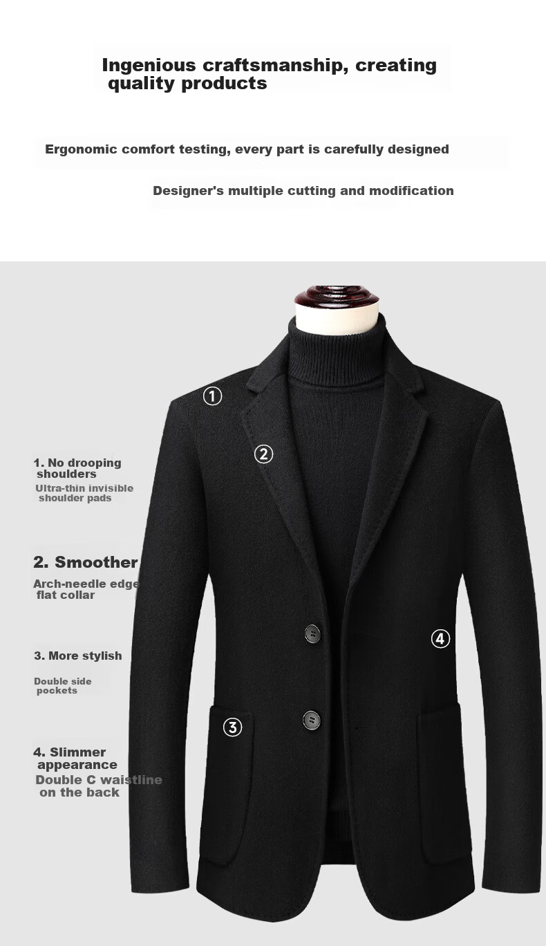 FIRS 100% Wool Double-Sided Suit Jacket for Men, Autumn And Winter Business Casual Workwear Single Blazer Wool Coat 4
