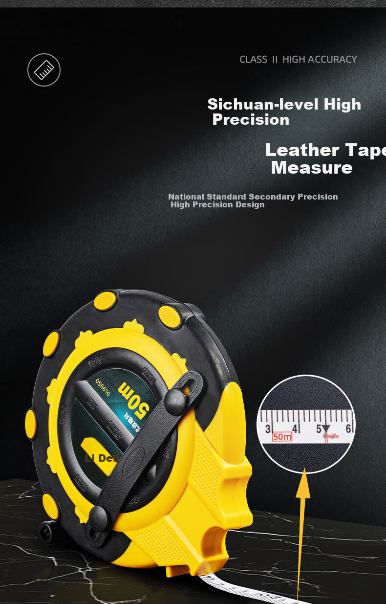 Deli 50-Meter Triple-Speed Fiber Tape Measure, Playground Box-Type Leather Tape Measure, Flexible Ruler, Telescopic Ruler, Engineering 50m 4